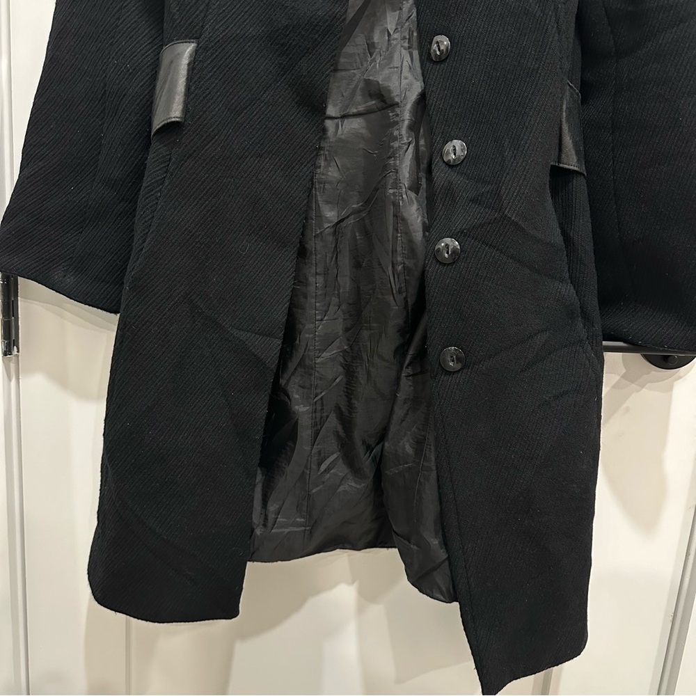 MACKAGE VINTAGE COAT WOOL LEATHER TRIM BELTED JACKET BLACK SIZE PS - Picture 9 of 14